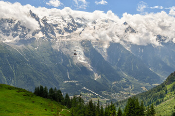 Panorama from the Planpraz-Brevent cable car of Chamonix and Mont Blanc massif in summer, Chamonix, Haute Savoie, France
