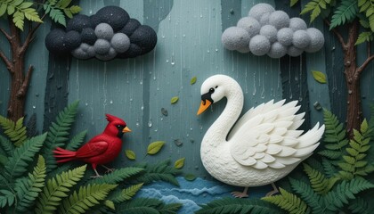 Serene Swan and Cardinal in Rainy Forest Paper Art Nature Scene