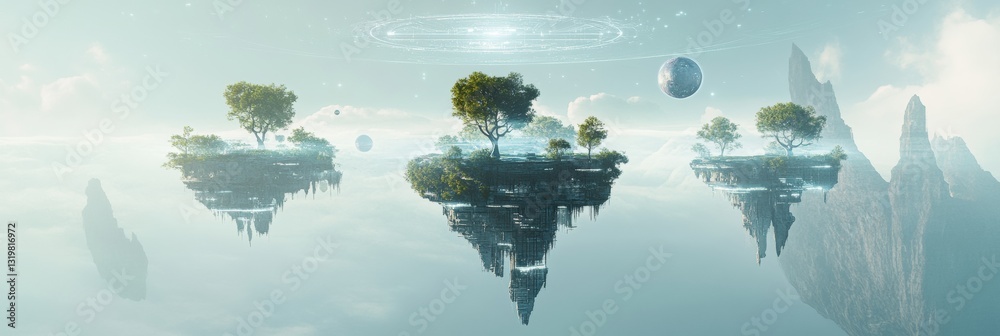Poster floating islands connected by portals create gateways to diverse virtual worlds in a stunning metave