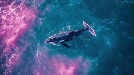 Fototapeta premium A whale glides effortlessly through clear turquoise waters, surrounded by splashes of pink and purple hues reflecting the sunset. The scene captures the serene beauty of marine life