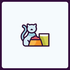 Charming pet care icon showcasing a feline companion with food and drink