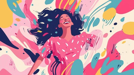 A woman in a playful pink outfit expresses pure joy surrounded by lively and colorful shapes, capturing a moment of happiness and freedom in an artistic celebration
