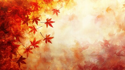 Bright red and orange leaves fill the upper part of the frame, blending with warm hues in the background, suggesting a peaceful autumn day in nature