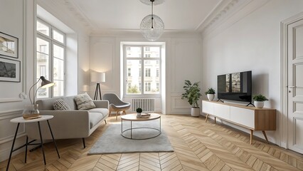 Fototapeta premium luxurious, high-ceiling home with a wide wooden staircase, elegant decor, and polished flooring, exuding timeless sophistication.
