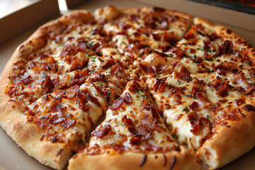 A delicious-looking pizza sliced and ready to eat topped with melted cheese and crispy bacon in a cardboard box.