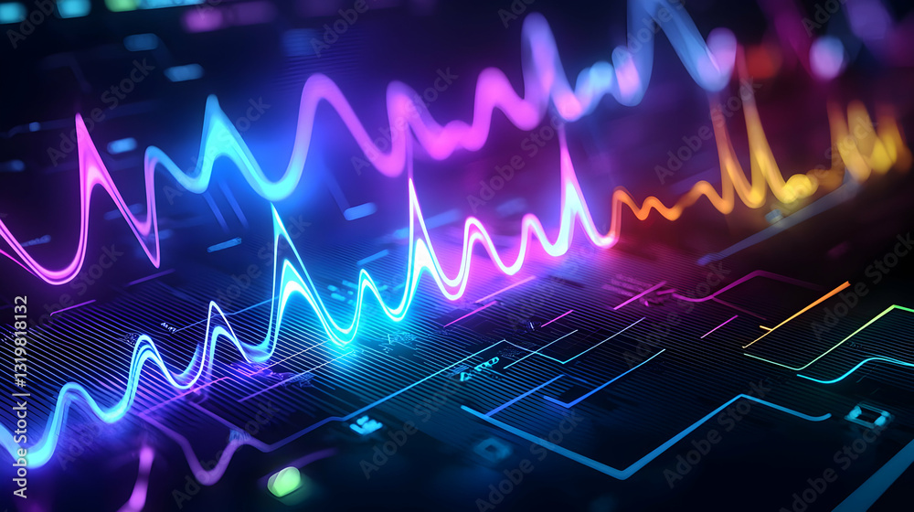 Poster abstract digital data visualization with glowing neon waveform pattern on black background