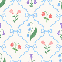 Floral trellis seamless pattern with bows and ribbons. Cute spring summer hand drawn flowers. Botanical elegant trendy print. Classic design for fabric, wallpaper or wrapping paper.