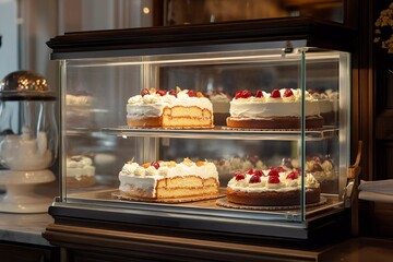 A glass display case showcases various cakes topped with cream and fruit, highlighting the inviting atmosphere of a cozy cafe during the afternoon