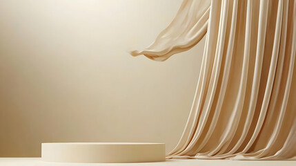 Beige Backdrop With Flowing Drapery And Podium For Product Display