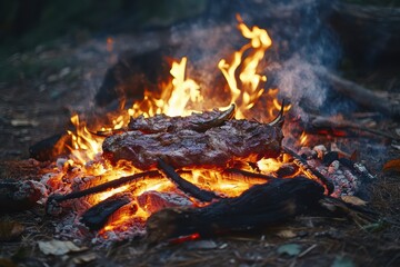Roasting venison over an open fire during a hunting dinner in the woods