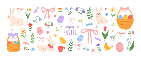Collection cute elements for Easter. Hand drawn bunnies, bows, flowers and herbs, chicken, floral decoration, egg basket, Easter eggs. Spring lovely stickers. Vector flat illustration.