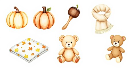 Autumn Cozy Cute Illustration Pumpkins Bears Scarf Blanket