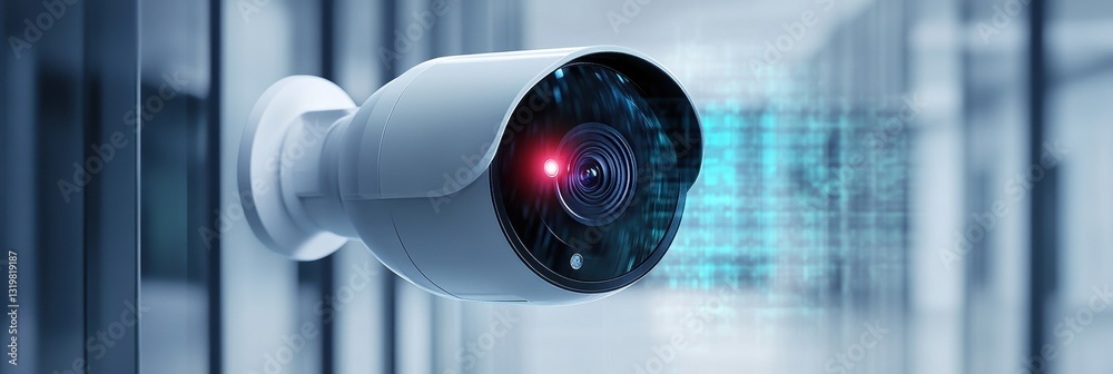 Poster security camera with motion detection in an office setting capturing real-time activity