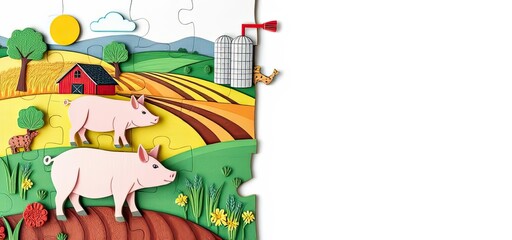 Obraz premium Idyllic Farm Scene Pigs Barn Fields Puzzle Rural Life