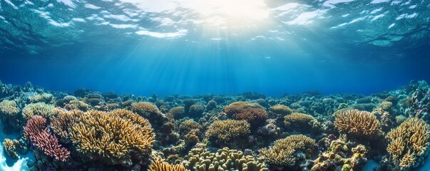 Underwater view of a vibrant coral reef with sunlight shining down