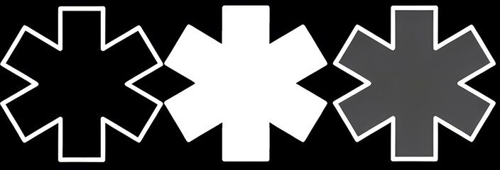 Monochrome graphic of three Star of Life symbols (black, white, grayscale) representing Emergency Medical Services (EMS), black isolated background 