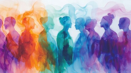 A group of colorful silhouettes stands in profile against a soft, blended background, showcasing different poses and expressions that embody unity and diversity. The hues transition seamlessly