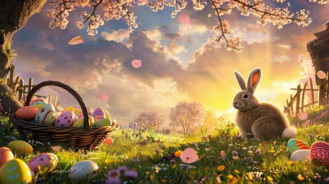 Osterhase auf einer bunten Fr&uuml;hlingswiese mit Eiern