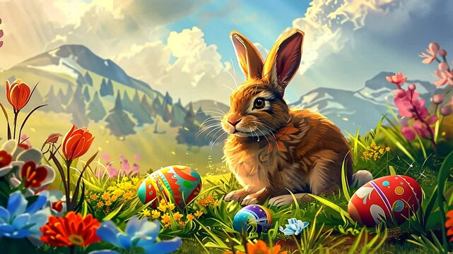 Kaninchen zwischen bunten Ostereiern in einer Berglandschaft