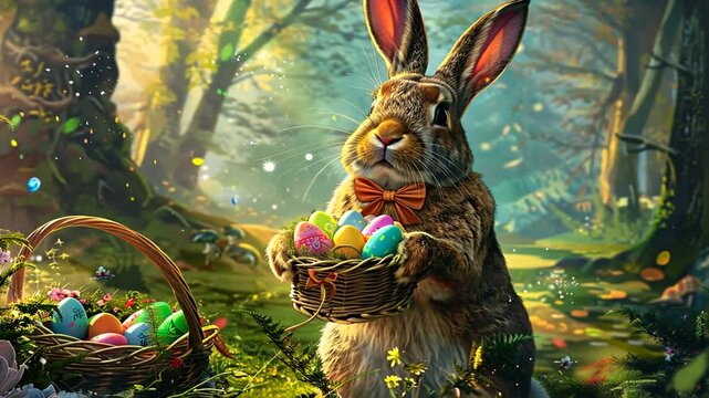 Kaninchen h&auml;lt einen Osterkorb mit bunten Eiern