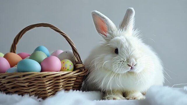 Wei&szlig;er Osterhase neben einem Osterkorb mit bunten Eiern