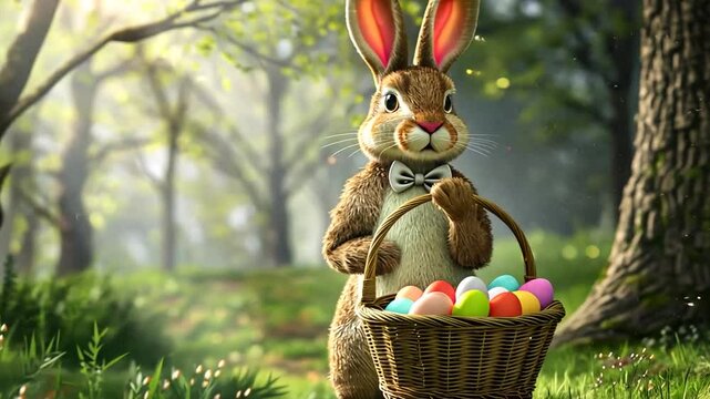 Osterhase im Wald h&auml;lt einen Korb mit Eiern