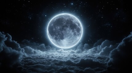 Fototapeta premium Enchanted Night: A Full Moon's Serene Embrace Above a Sea of Clouds