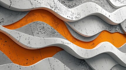 Obraz premium Wavy patterns of gray and white dominate the wall, interspersed with vibrant orange sections, reflecting a contemporary artistic style in an indoor environment