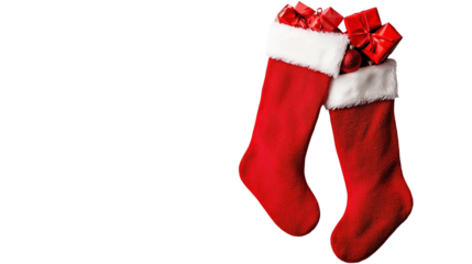 Holiday celebration with festive red christmas stockings filled with gifts cozy home still life warm atmosphere