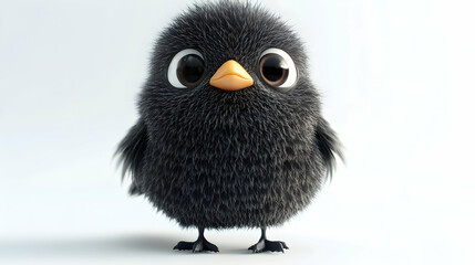 Fototapeta premium Adorable Fluffy Black Bird with Big Eyes and Orange Beak Standing on White Background in Studio Setting