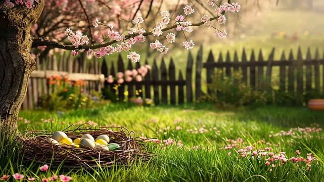 Ostereier unter bl&uuml;henden Zweigen neben Holzzaun