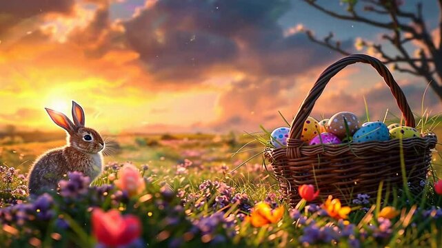 Osterkorb mit bunten Eiern in Blumenwiese bei Sonnenuntergang