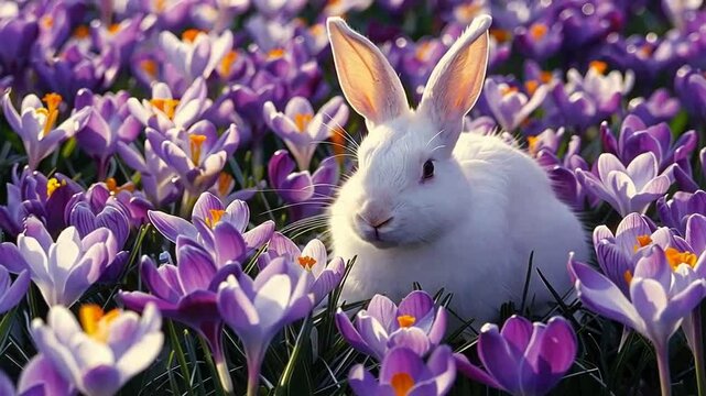 Wei&szlig;er Osterhase in violetten Krokussen auf Blumenwiese