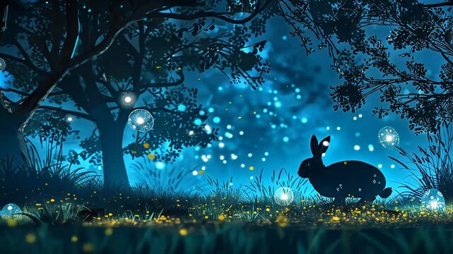 Nachtlandschaft mit Schatten eines Hasen unter Baum