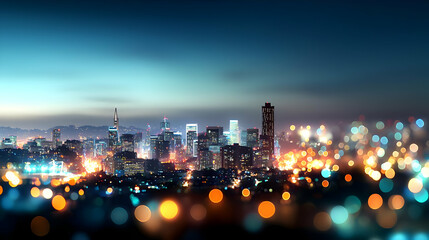 Obraz premium Panoramic View Of Illuminated City Skyline At Night With Colorful Blurred Bokeh Effect In Foreground and Dark Blue Sky