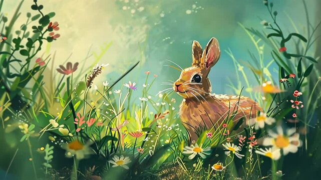 Hase in Wiese mit Osterglocken bei sanftem Sonnenlicht