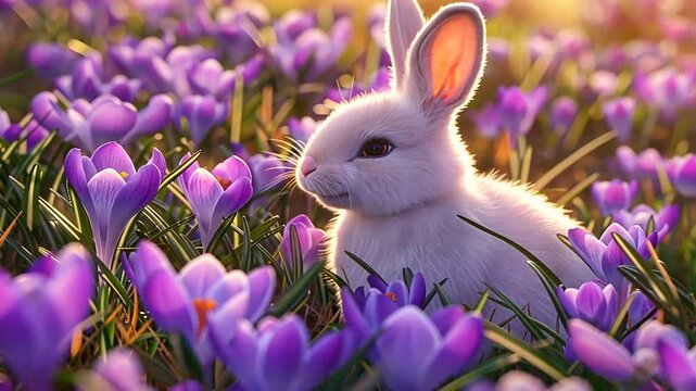 Wei&szlig;er Osterhase in violetten Krokussen mit warmem Sonnenlicht