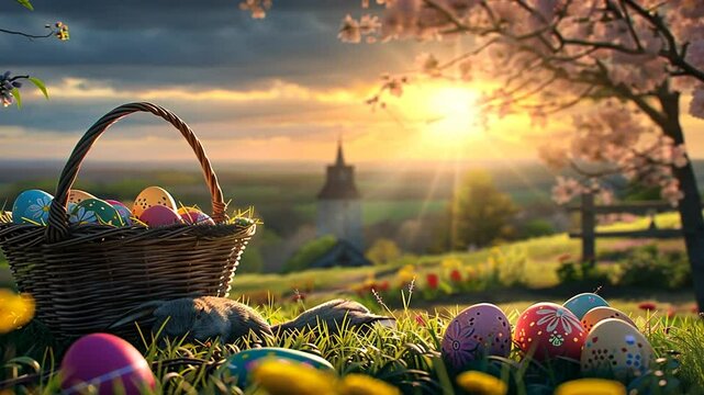 Osterkorb mit bunten Eiern im Sonnenuntergang auf Wiese mit Kirche