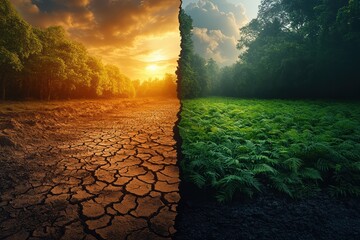 Contrast between drought and lush greenery showcasing the impact of climate change