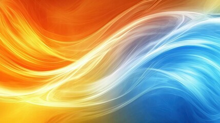 Swirls of orange and blue blend seamlessly, depicting a dynamic interplay of colors that evoke feelings of energy and calmness. This artwork captures vibrant motion