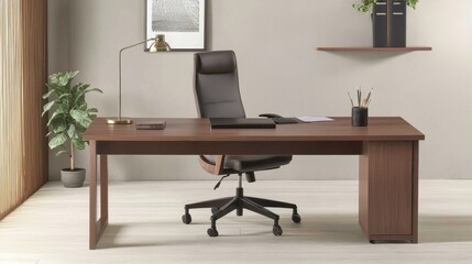 Modern home office featuring a sleek wooden desk and ergonomic chair for productive work