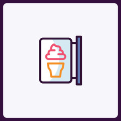 Charming ice cream shop sign icon with pink scoop and orange cone