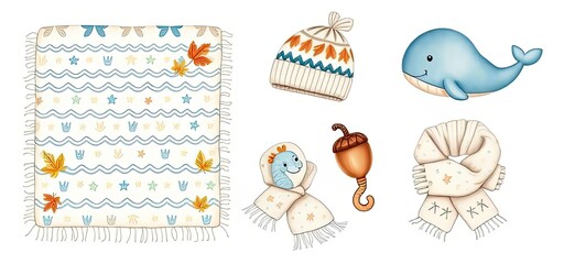 Cute Autumn Winter Baby Set Blanket Hat Whale Scarf Acorn