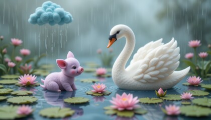 Adorable Pig and Swan in Rainy Pond Scene with Lotus Flowers