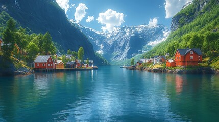 Fototapeta premium Colorful waterfront buildings in Norwegian fjord town photo