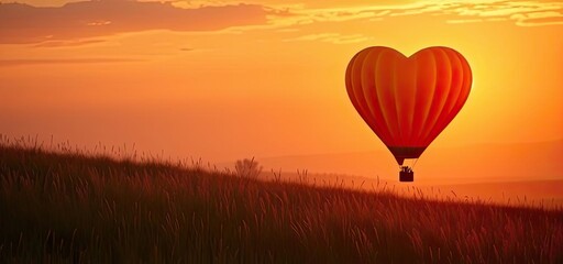 Fototapeta premium Heart Shaped Hot Air Balloon Sunset Flight over Grassland