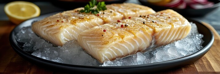 Fresh fish fillets served on ice with herbs and pepper for a vibrant culinary experience