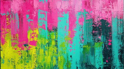 Bright and colorful abstract art displays vibrant strokes of pink, green, and yellow in a layered composition. The dynamic colors create an energetic and lively atmosphere