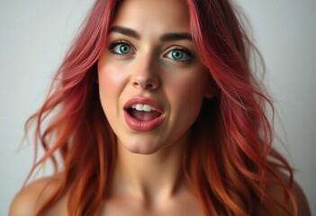 Surprised young woman with red hair and green eyes