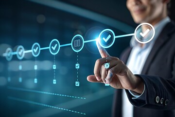 Businessman touches a digital progress checklist with check marks and an advancing loading bar, symbolizing task completion and project progress. progress bar, Management and tracking strategies